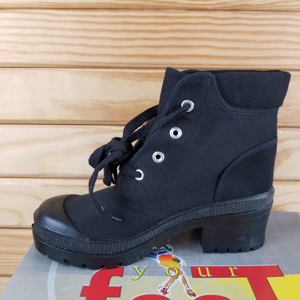 Black Canvas Combat Military Biker Moto Ankle Boots Lace up Women's 6.5M Heeled - Picture 7 of 10